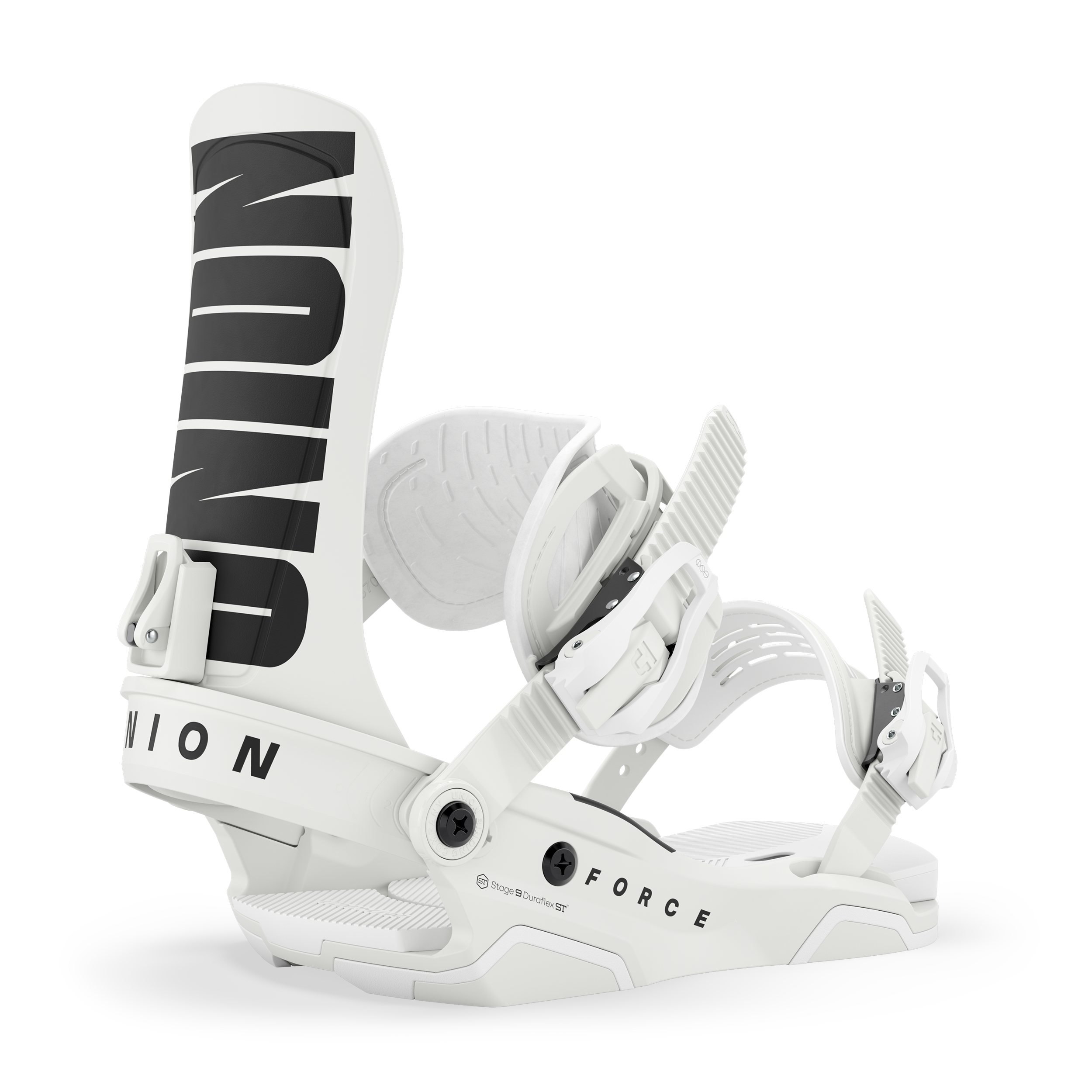 Union Force Team snowboard binding in white, showcasing durable construction and high-performance design for snowboarding.