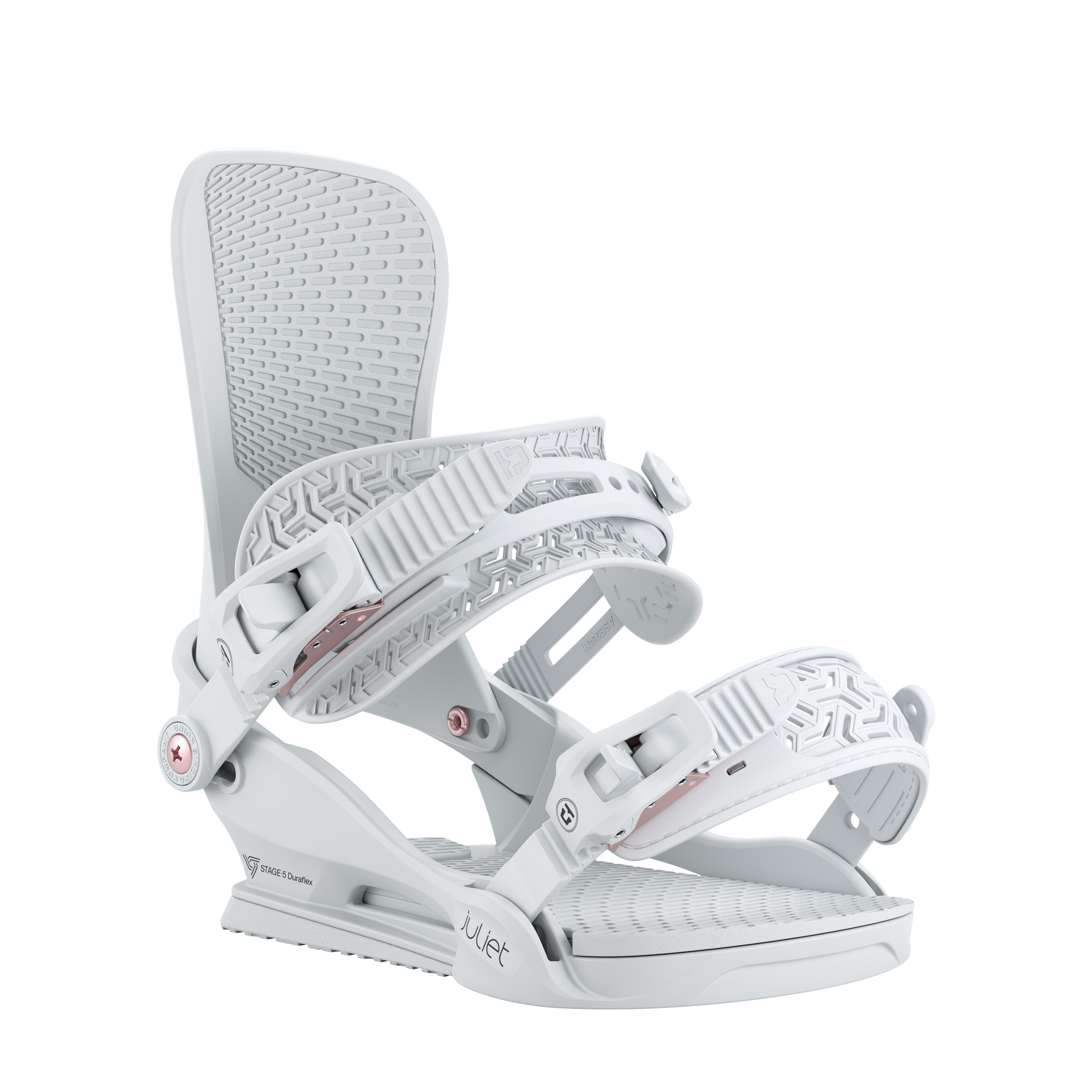 Union Juliet women's snowboard binding in light grey with adjustable straps and high-back support, designed for snowboarding.