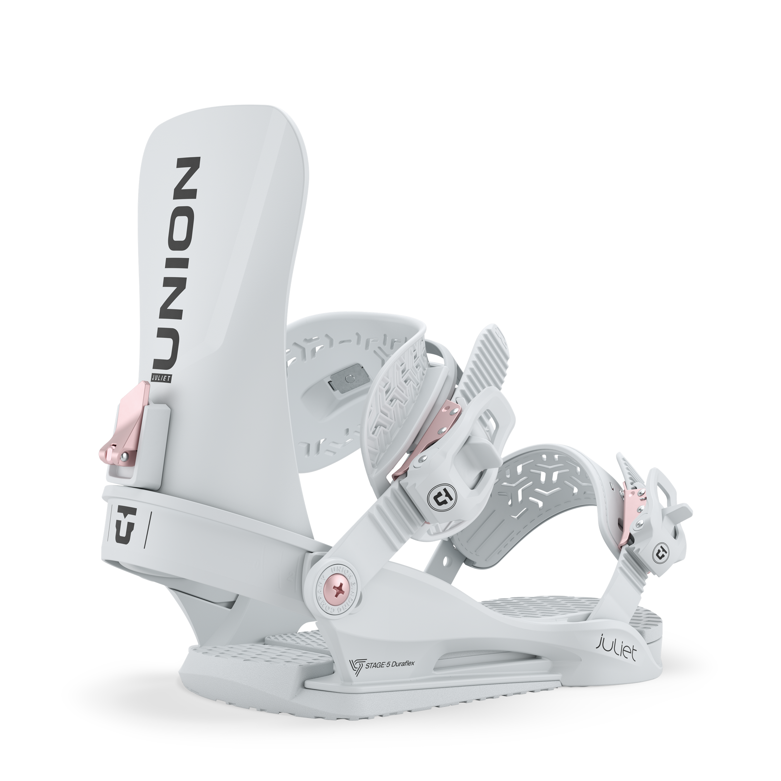 Union Juliet women's snowboard binding in light grey, designed for snowboarding in a stylish and durable union binding.