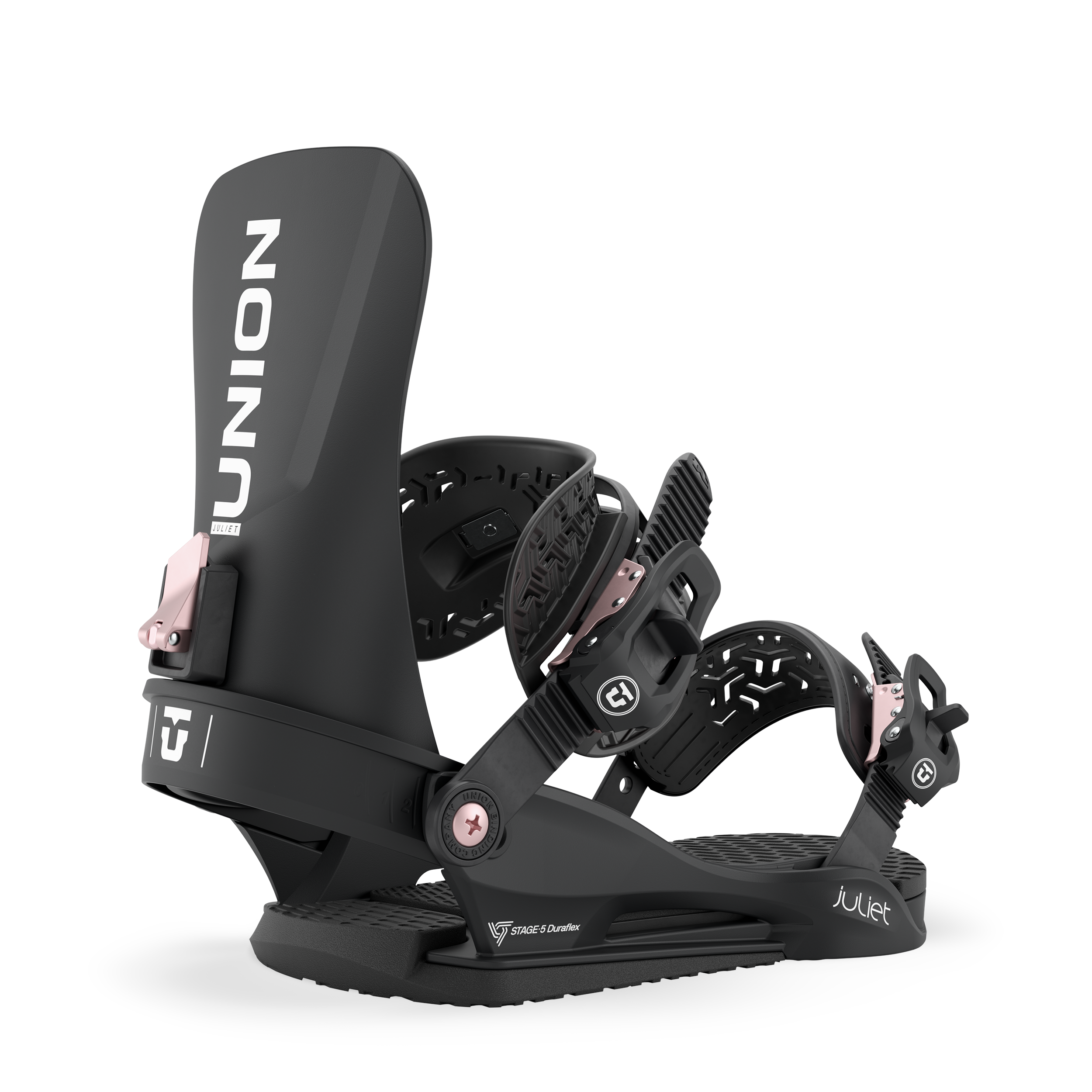 Union Juliet women's snowboard binding in black, designed for snowboarding, with adjustable straps and durable construction.