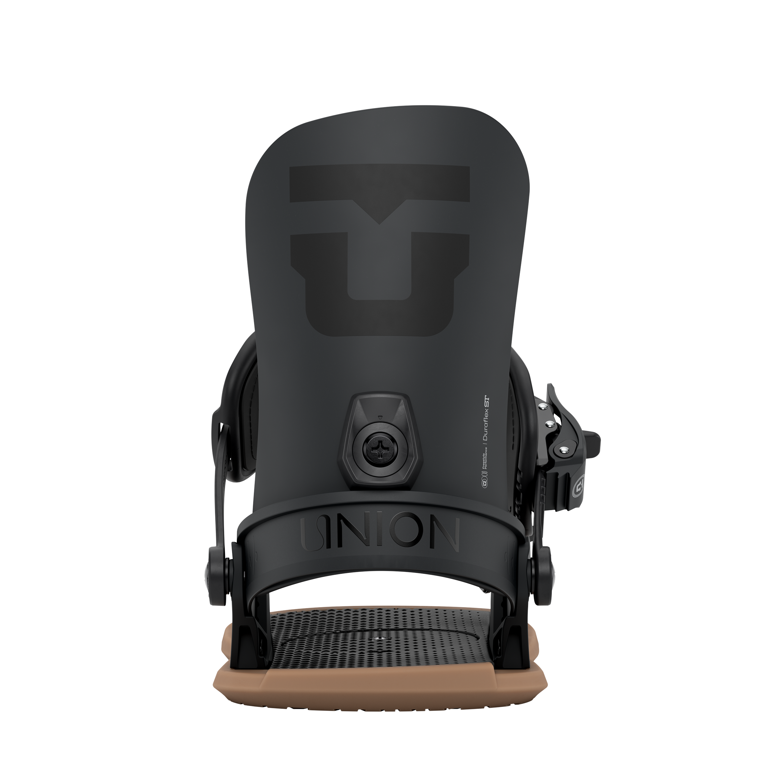 Union Legacy Women's snowboard binding in black, showing the rear view of the Union Legacy snowboard binding for women.