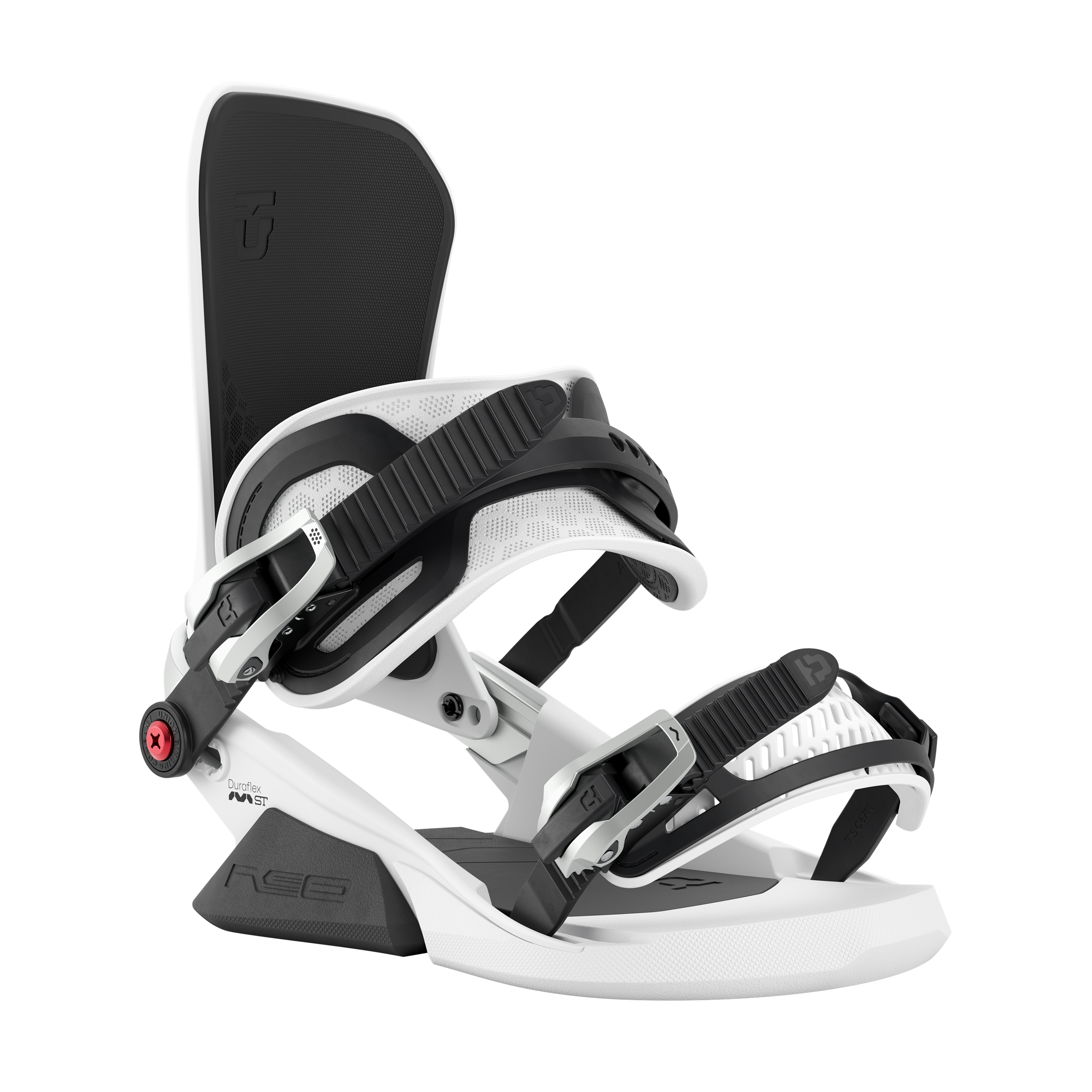 Union Neo snowboard binding in white, front view showing adjustable straps and high-back support for winter snowboarding.