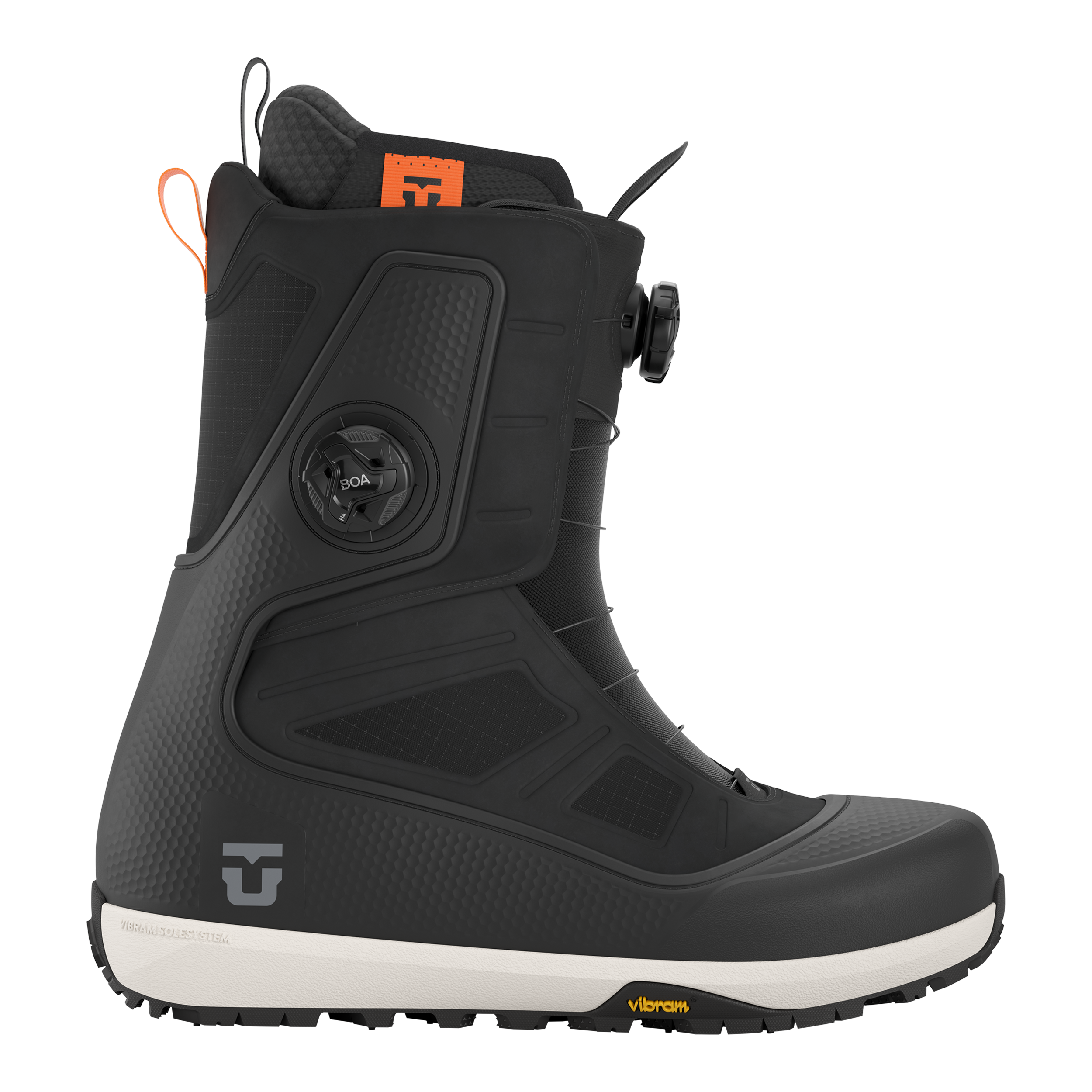 Union Reset Pro snowboard boot in black, designed for snowboarding, featuring a sleek side view with branding details.