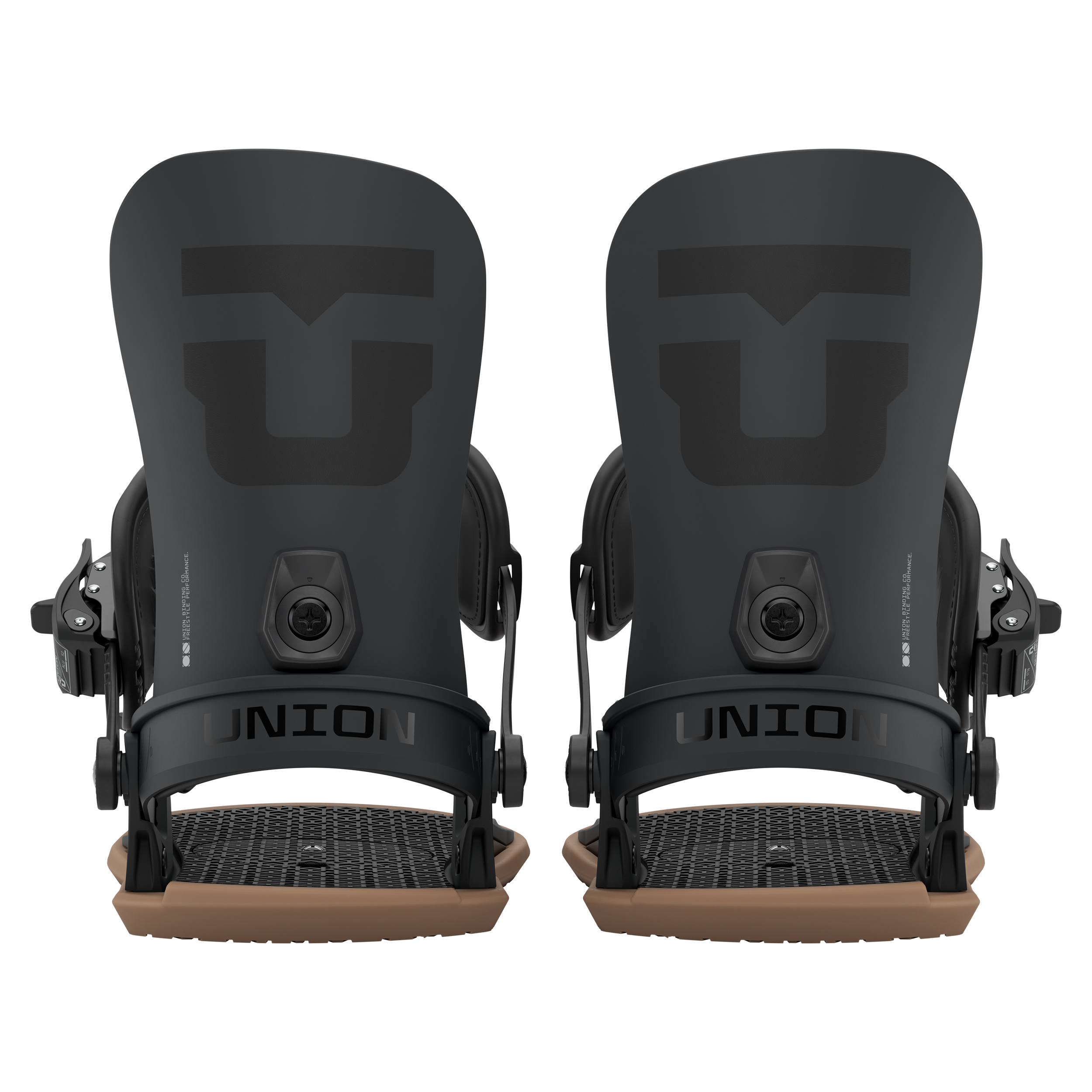 Union Strata snowboard binding in black, rear view, designed for snowboarding, featuring adjustable straps and durable construction.