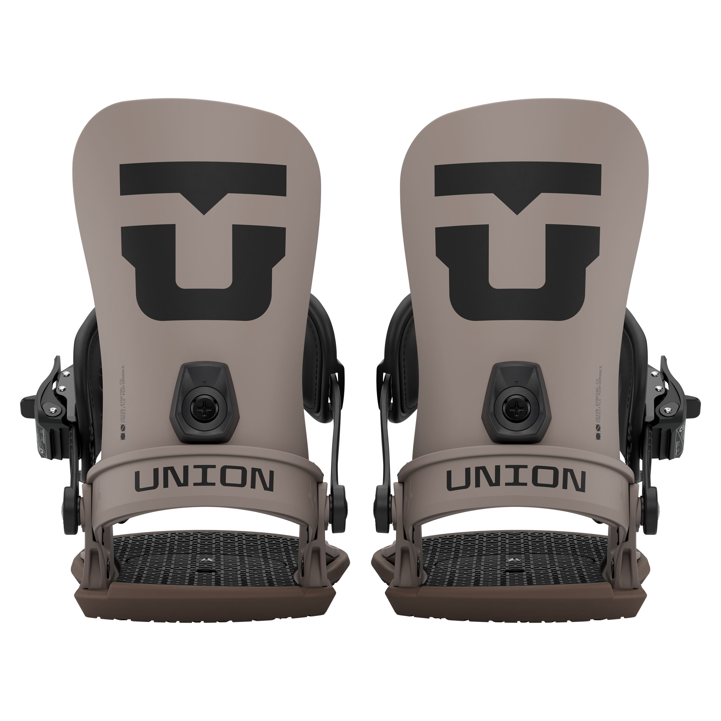 Union Strata snowboard bindings in brown, rear view showing padding and straps, designed for snowboarding performance.