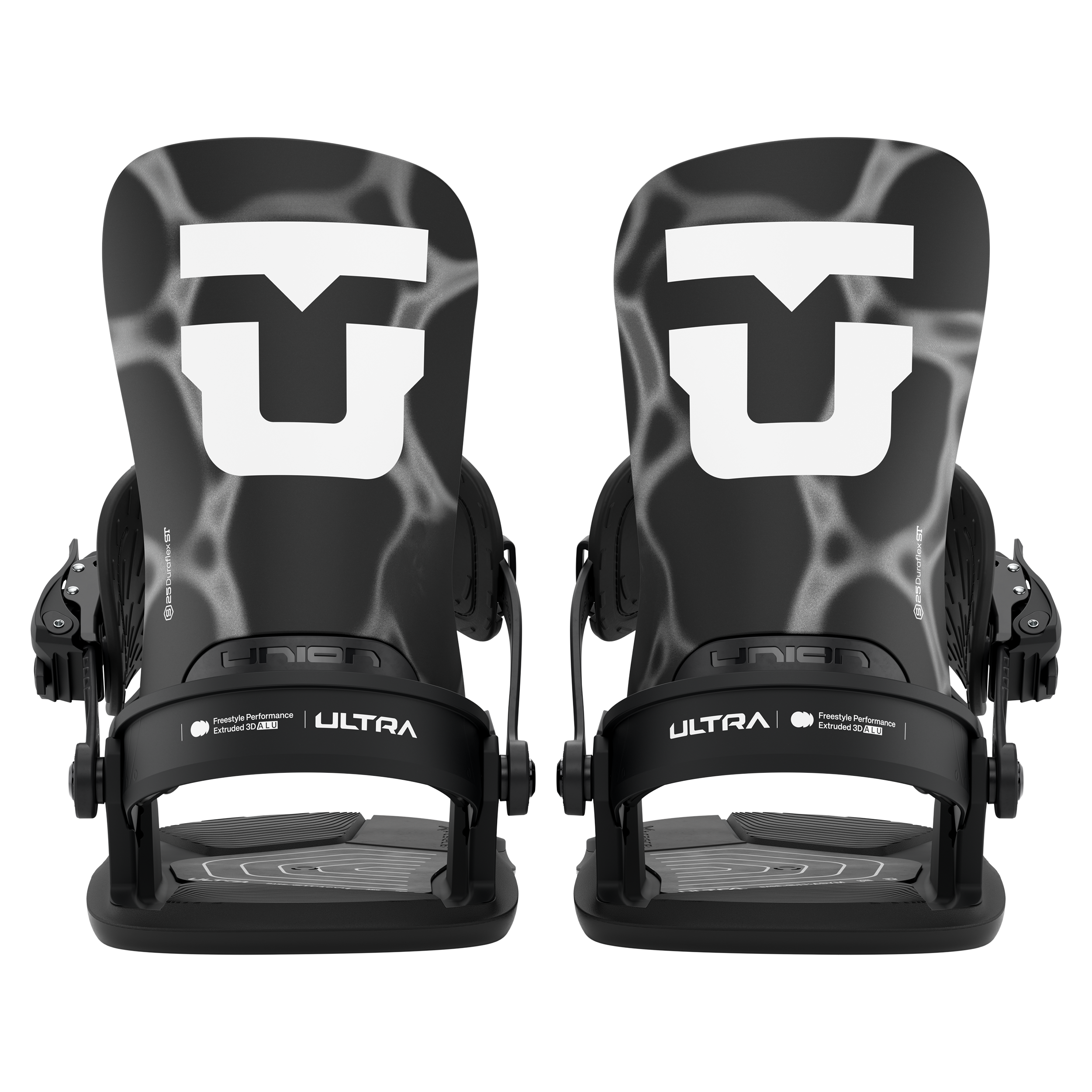 Union Ultra Men's snowboard binding in black, shown from the rear, designed for snowboarding with durable construction and adjustable straps.