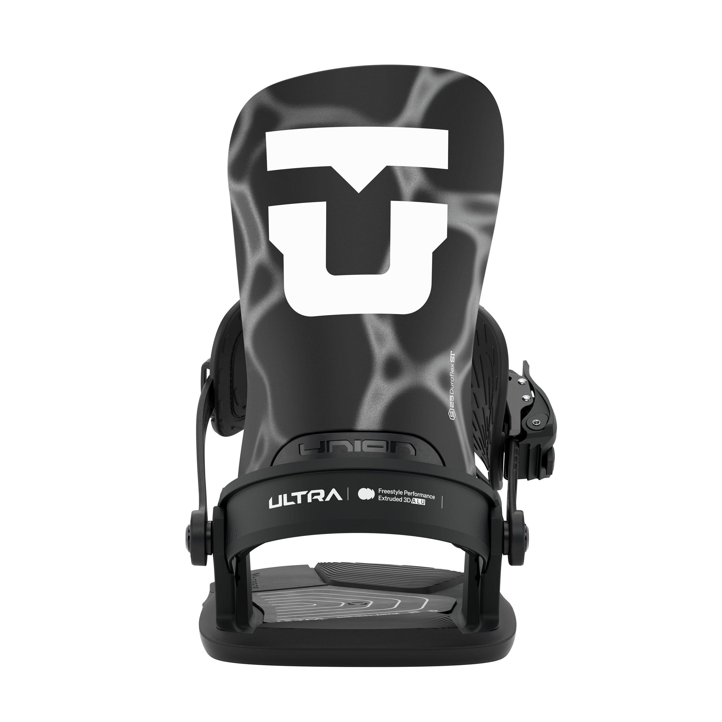 Union Ultra Men's snowboard binding in black, shown from rear view, designed for durable performance on snow.
