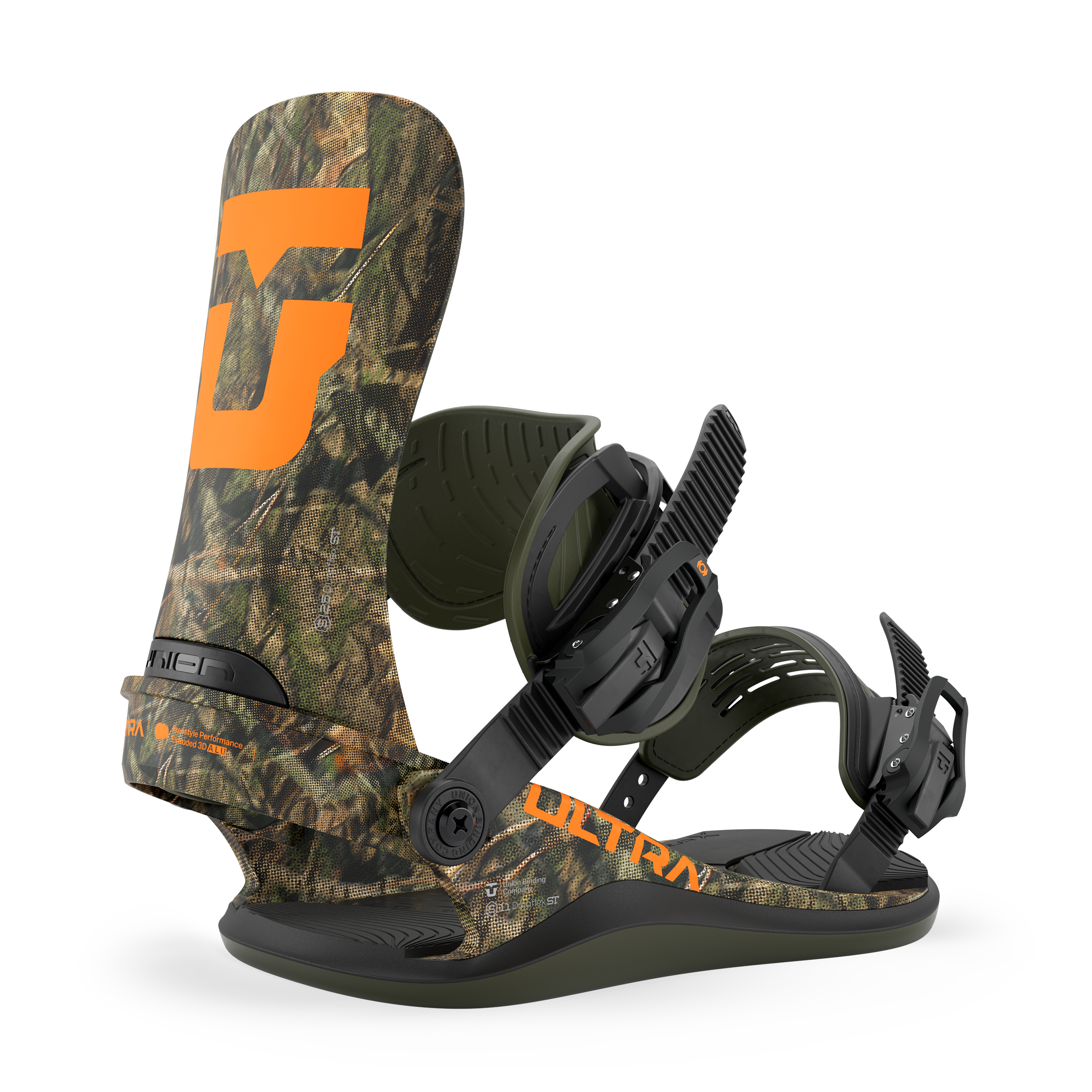 Union Ultra Men's snowboard binding with camo design, featuring adjustable straps and durable construction for snowboarding.