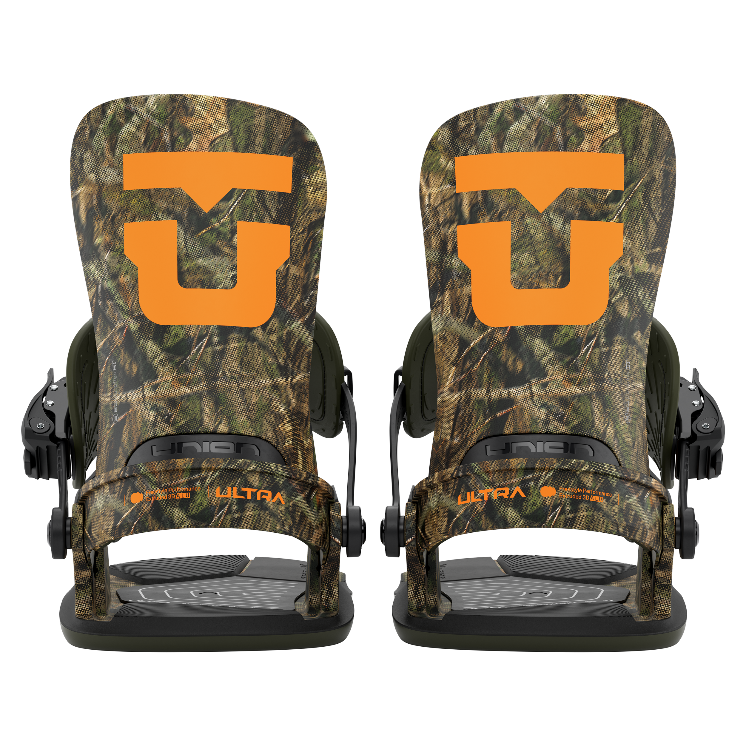 Union Ultra Men's Snowboard Binding 2027 in camo, rear view showing adjustable straps and sturdy construction for snowboarding.
