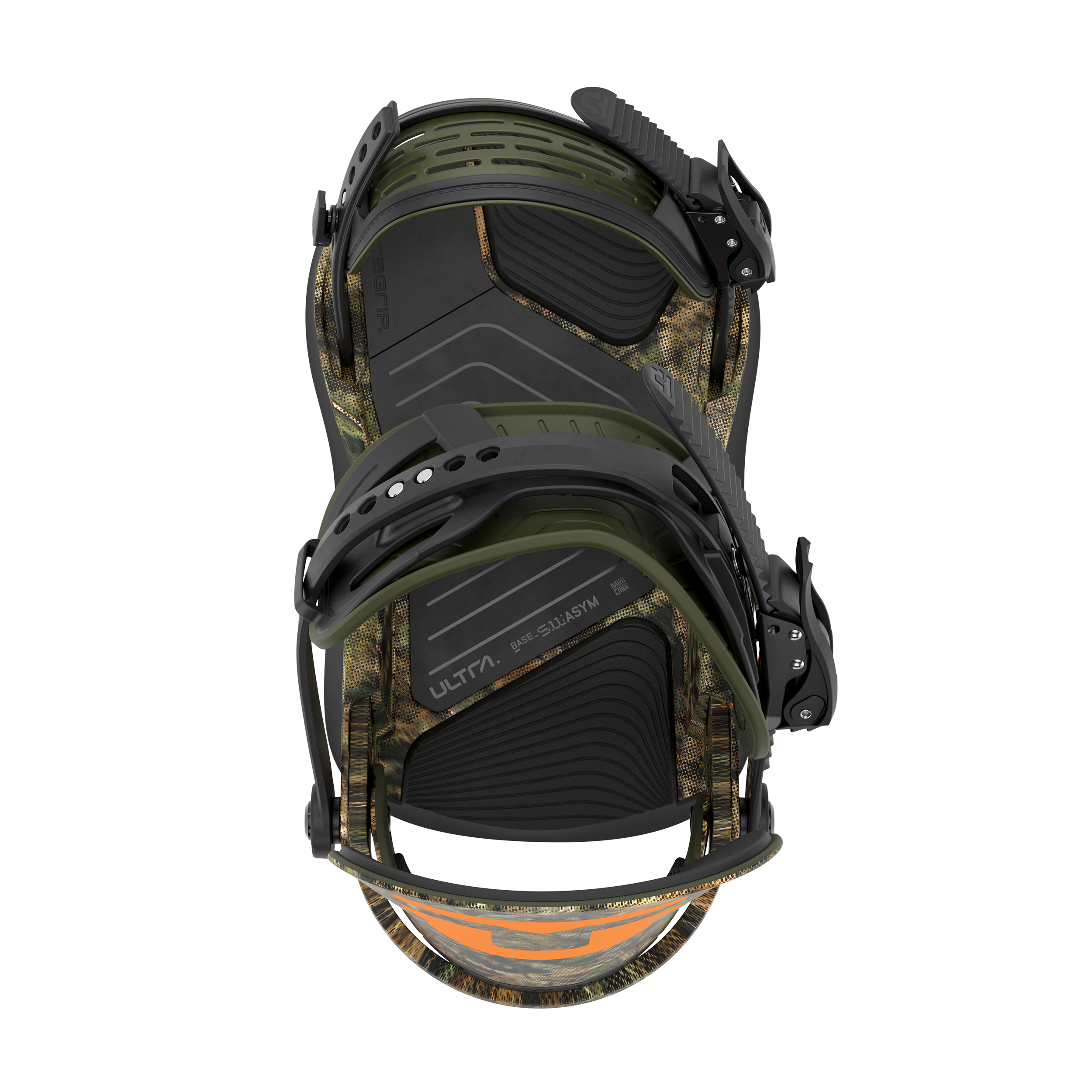 Union Ultra Men’s snowboard binding in camo design, featuring high-back support and adjustable straps for snowboarding.