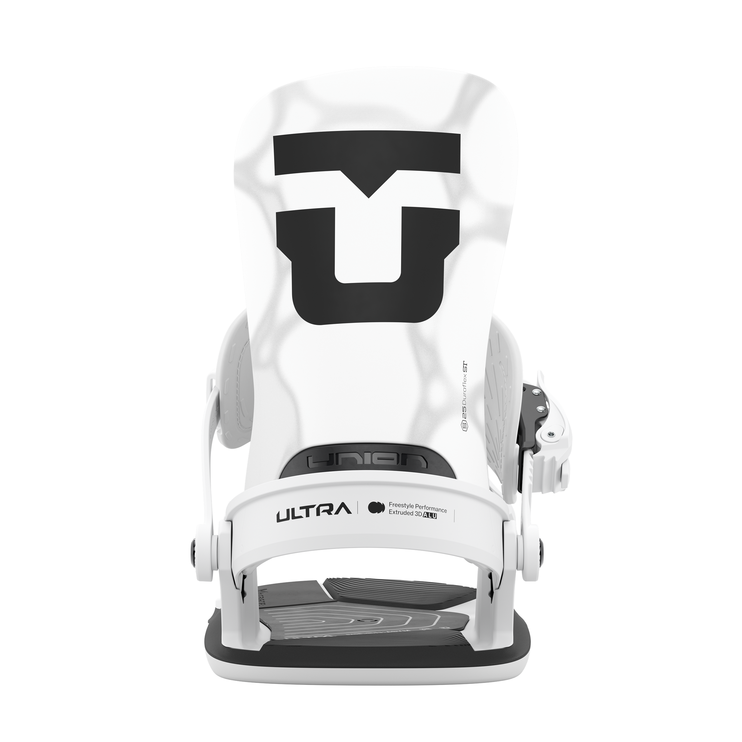 Union Ultra Men's snowboard binding in white, rear view showing adjustable straps and high-back support for snowboarding.