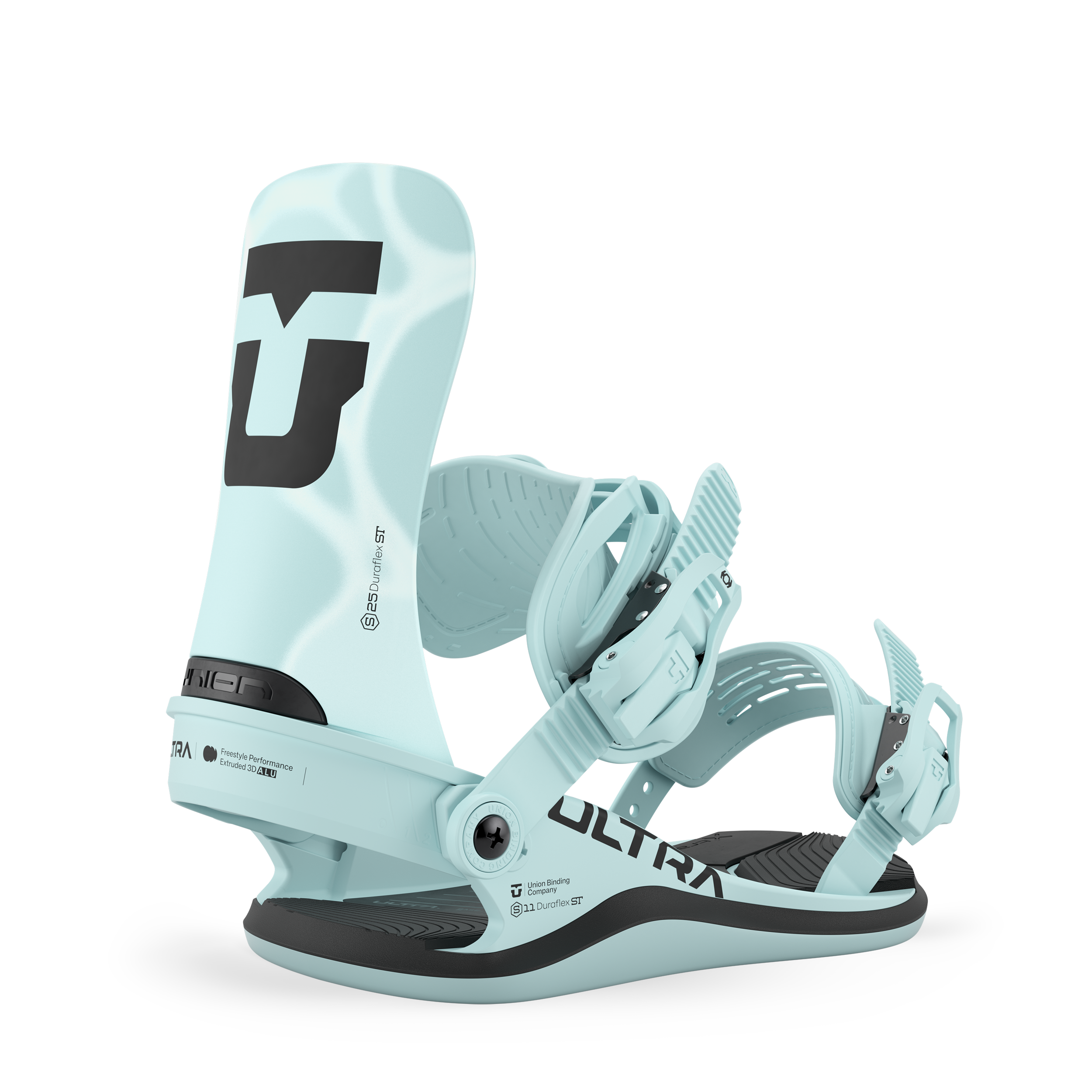 Union Ultra Women snowboard binding in blue, featuring adjustable straps and high-back support for female snowboarders.