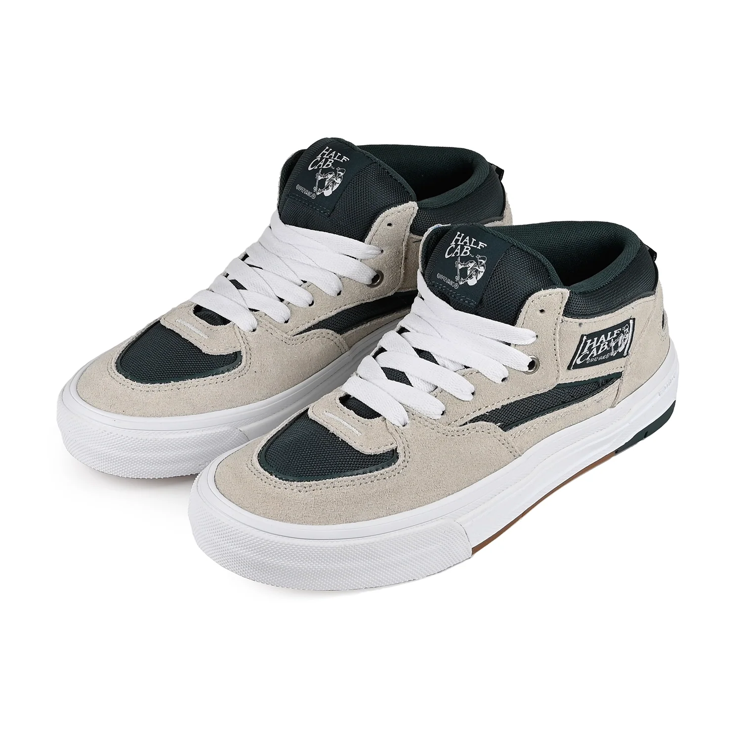 Vans Skate Half Cab Wafflecup shoes in oatmeal and deep teal, casual skateboarding shoes for men with durable design.
