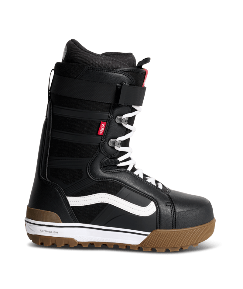 Vans Hi-Standard Pro men's snowboard boot in black and white with cushioned interior and sturdy sole on white background.