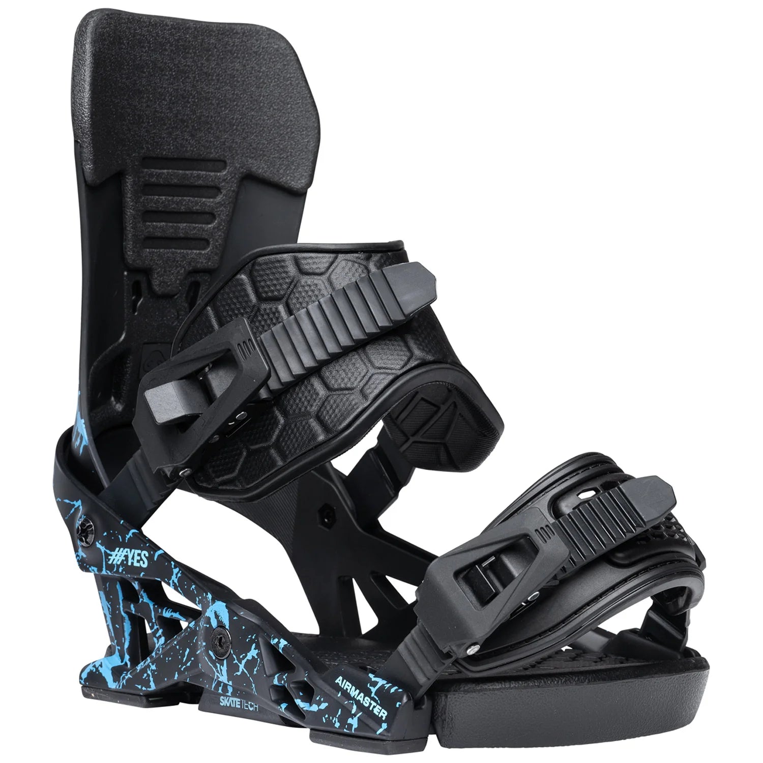 Yes Airmaster snowboard bindings mounted on a snowboard, designed for snowboarding in winter conditions.