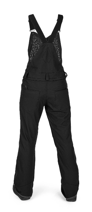 Black Volcom women's Swift Bib Overall from 2022, featuring adjustable straps and a relaxed fit, suitable for outdoor activities.