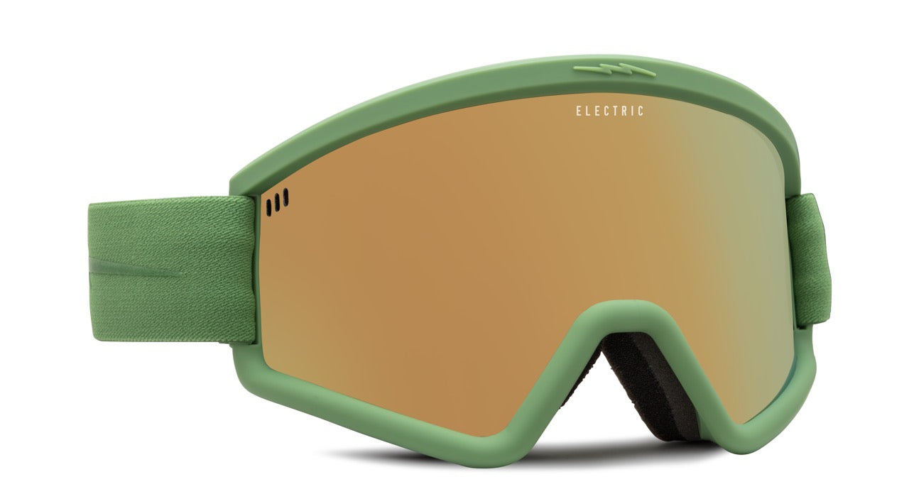 The Electric Hex Snow Goggle in the Matte Moss Frames with a Gold Chrome Lens and a Yellow Bonus Lens