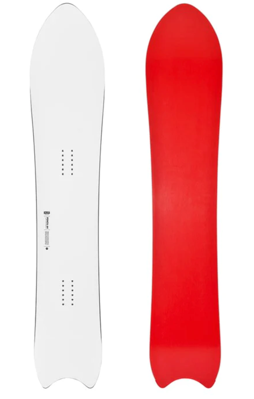 Korua Pencil Junior snowboard in snow with a sleek design, suitable for young riders, featuring the Korua brand logo.