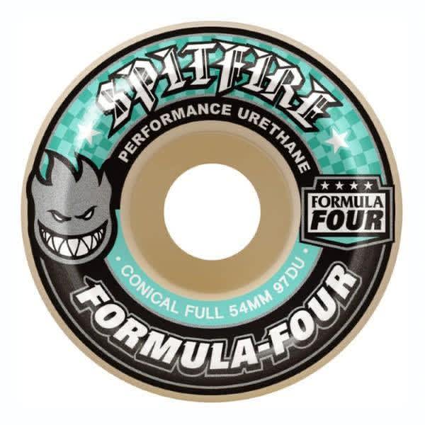 Spitfire Formula Four Conical skate wheels with 97A durometer, featuring a conical shape for enhanced grip and durability.