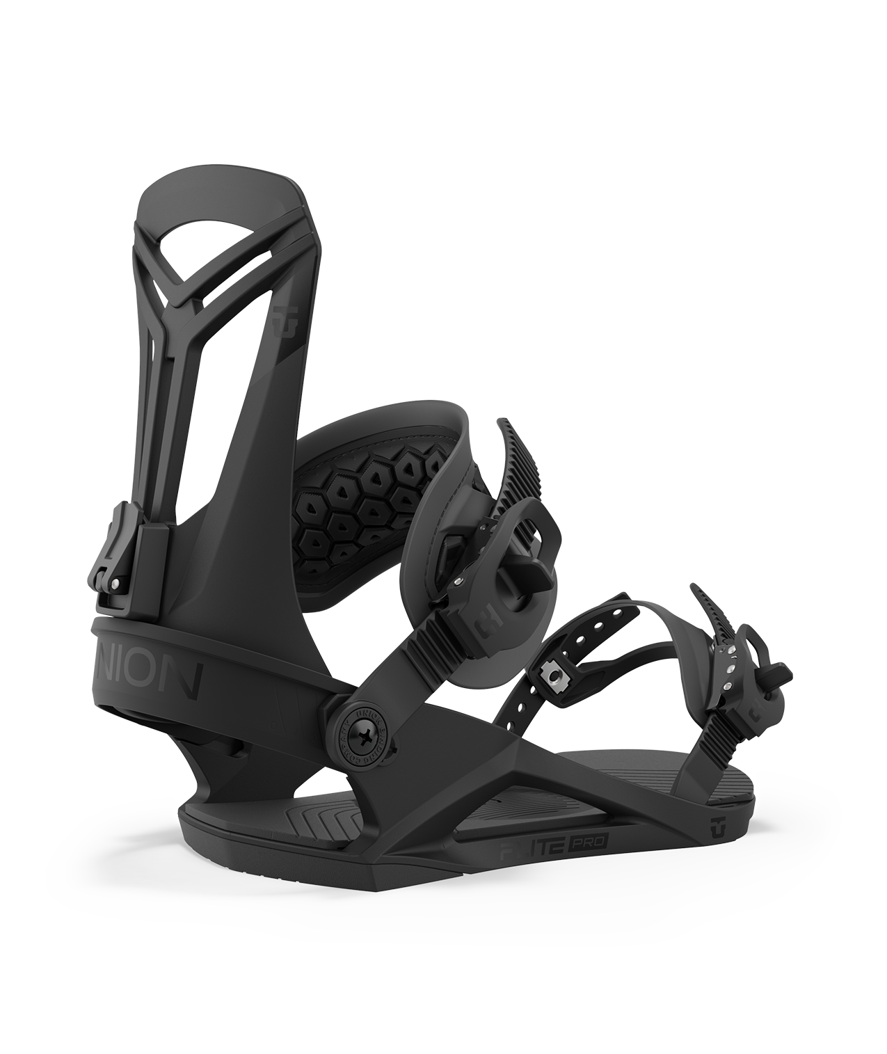 Black Union Flite Pro snowboard binding for 2024, featuring adjustable straps and durable design, mounted on a snowboard.
