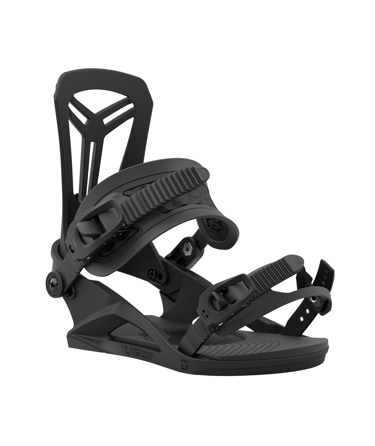 Union Flite Pro snowboard binding in black for 2024, lightweight and durable, shown mounted on a snowboard.