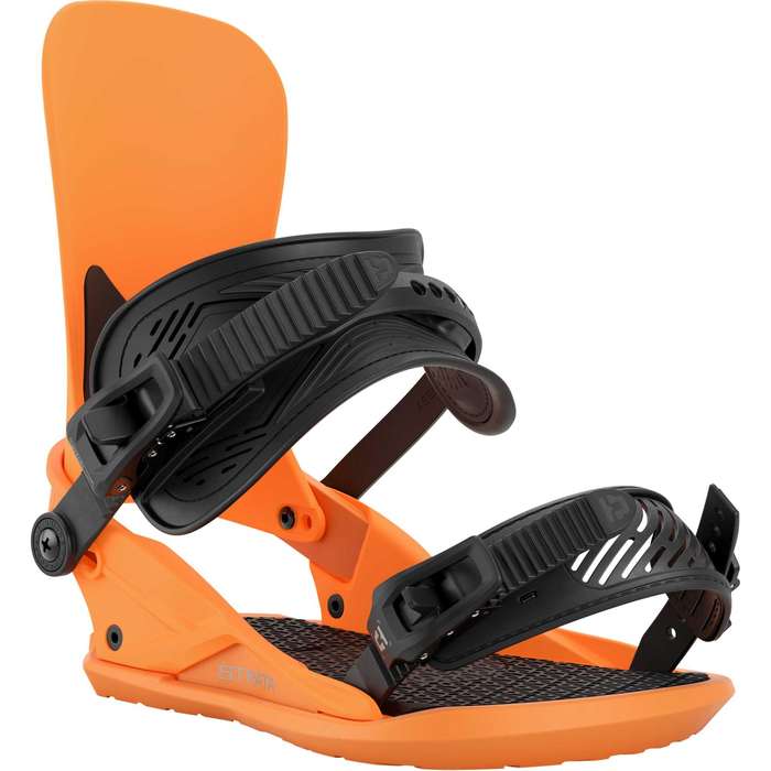 Union Strata snowboard bindings mounted on a snowboard, featuring adjustable straps and sturdy construction for winter snowboarding.