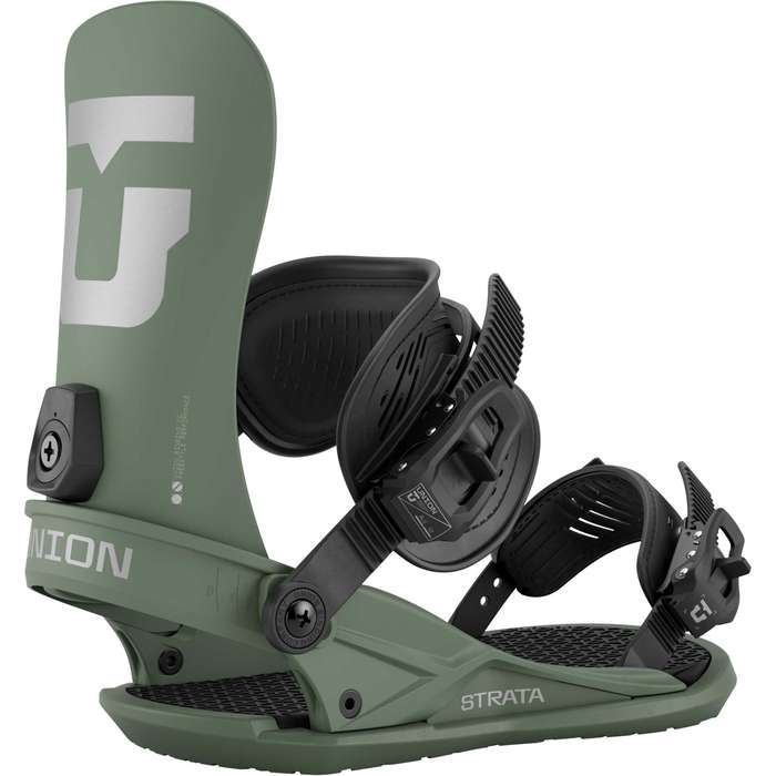 Union Strata snowboard bindings mounted on a snowboard, featuring adjustable straps and high-back support for snowboarding.