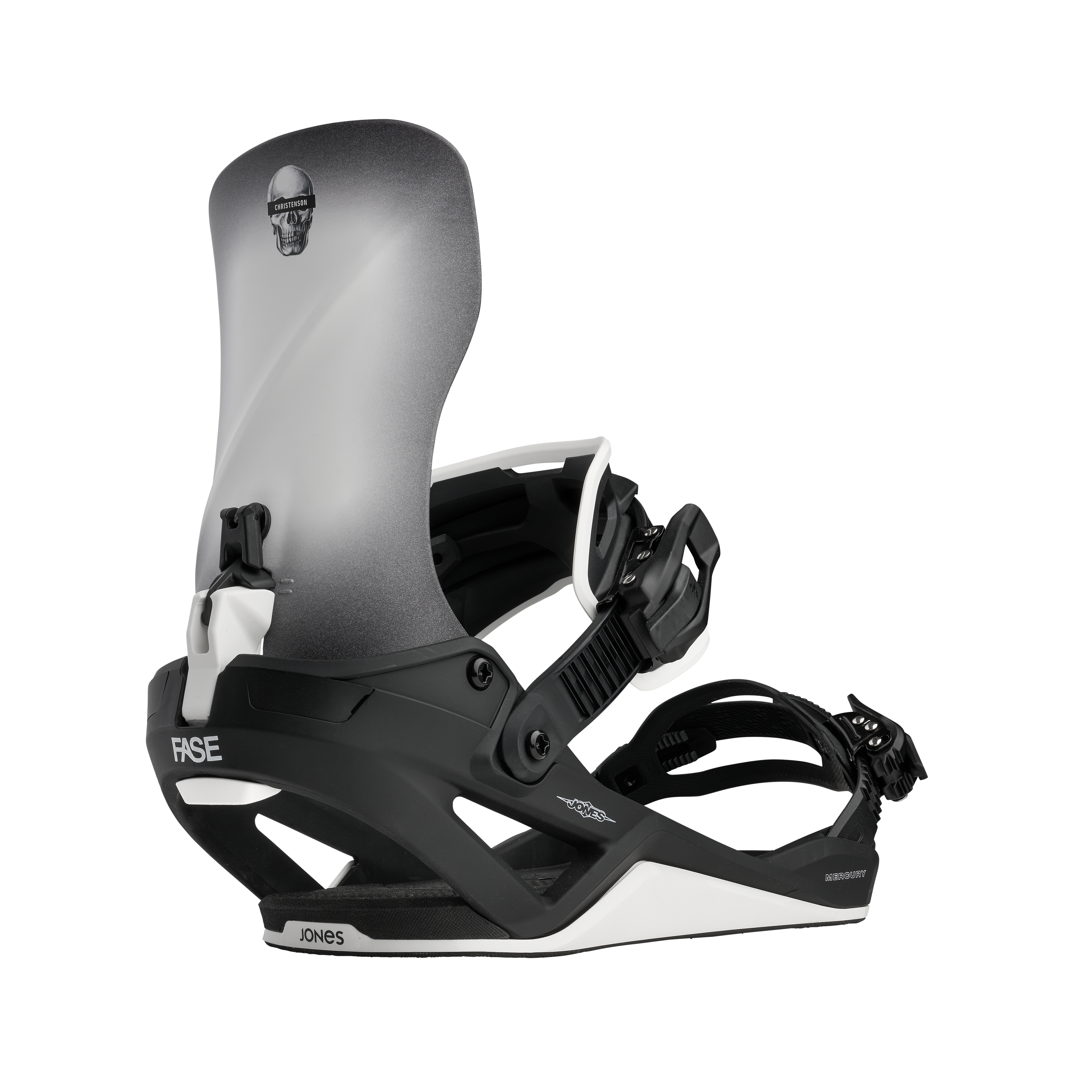 Jones Mercury Fase snowboard bindings in black, designed for snowboarding, with adjustable straps and high-performance features.