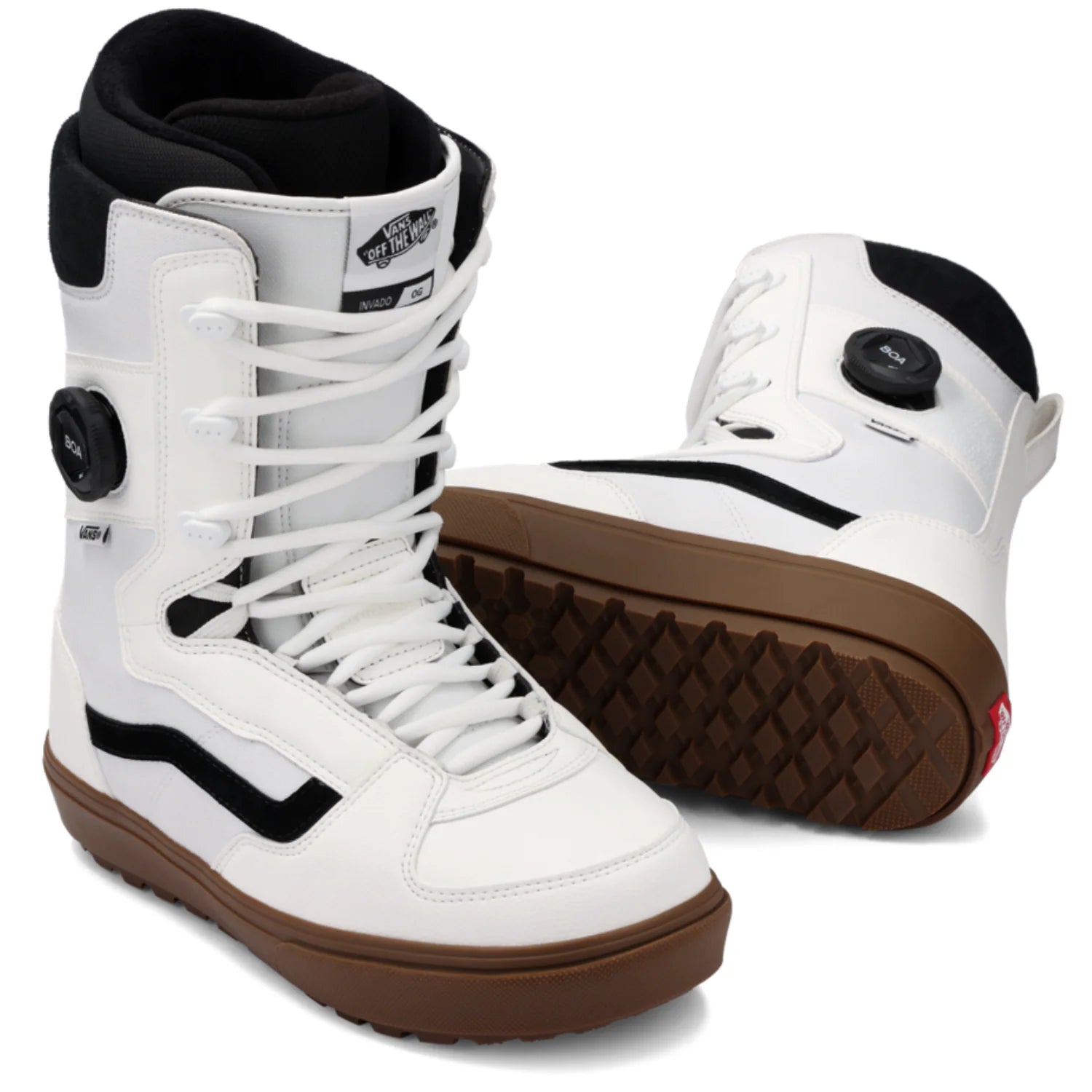 Vans Invado OG snowboard boot in white gum color, showcasing the winter snow boot with rugged design and sturdy sole.