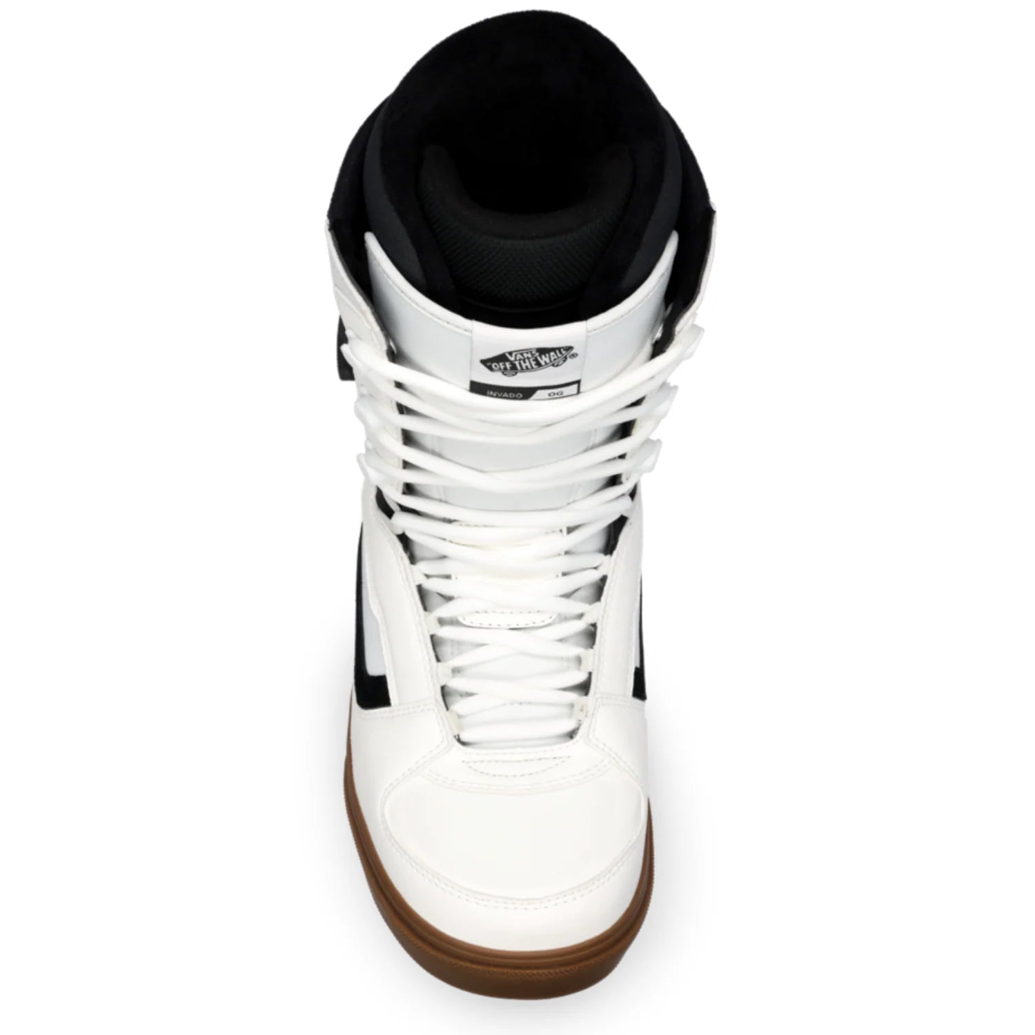 Vans Invado OG snowboard boot in white with gum sole, designed for winter snowboarding, showing side view with lacing details.