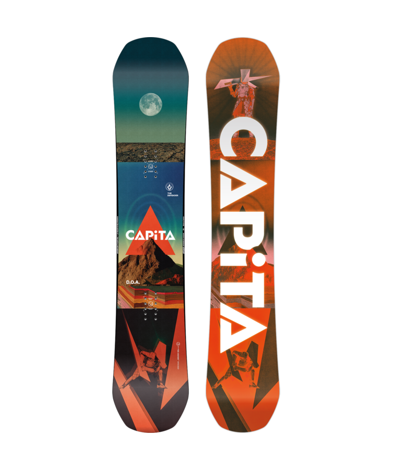 Capita Defenders of Awesome 2027 snowboard on snow, showcasing the graphic design and construction of this popular winter sport gear.