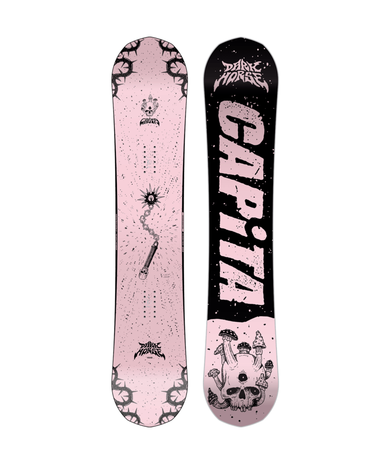 Capita Dark Horse snowboard for winter snowboarding, showing the board's dark design and graphic details on a snowy background.