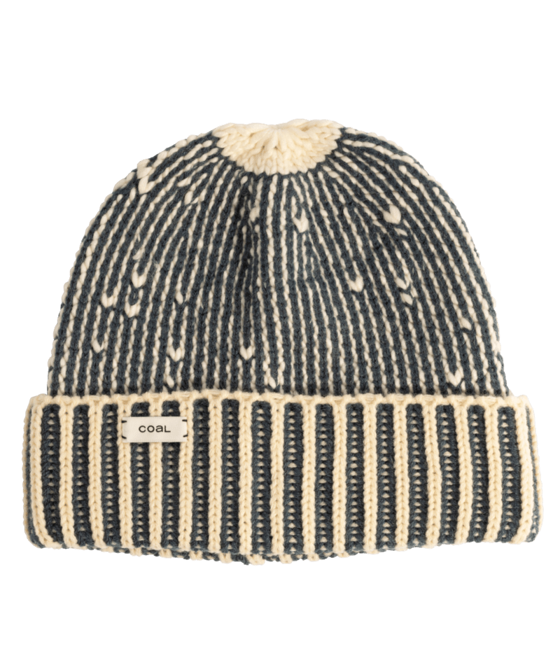 Coal Moraine Beanie worn by both men and women, featuring a cozy knit design in neutral tones.
