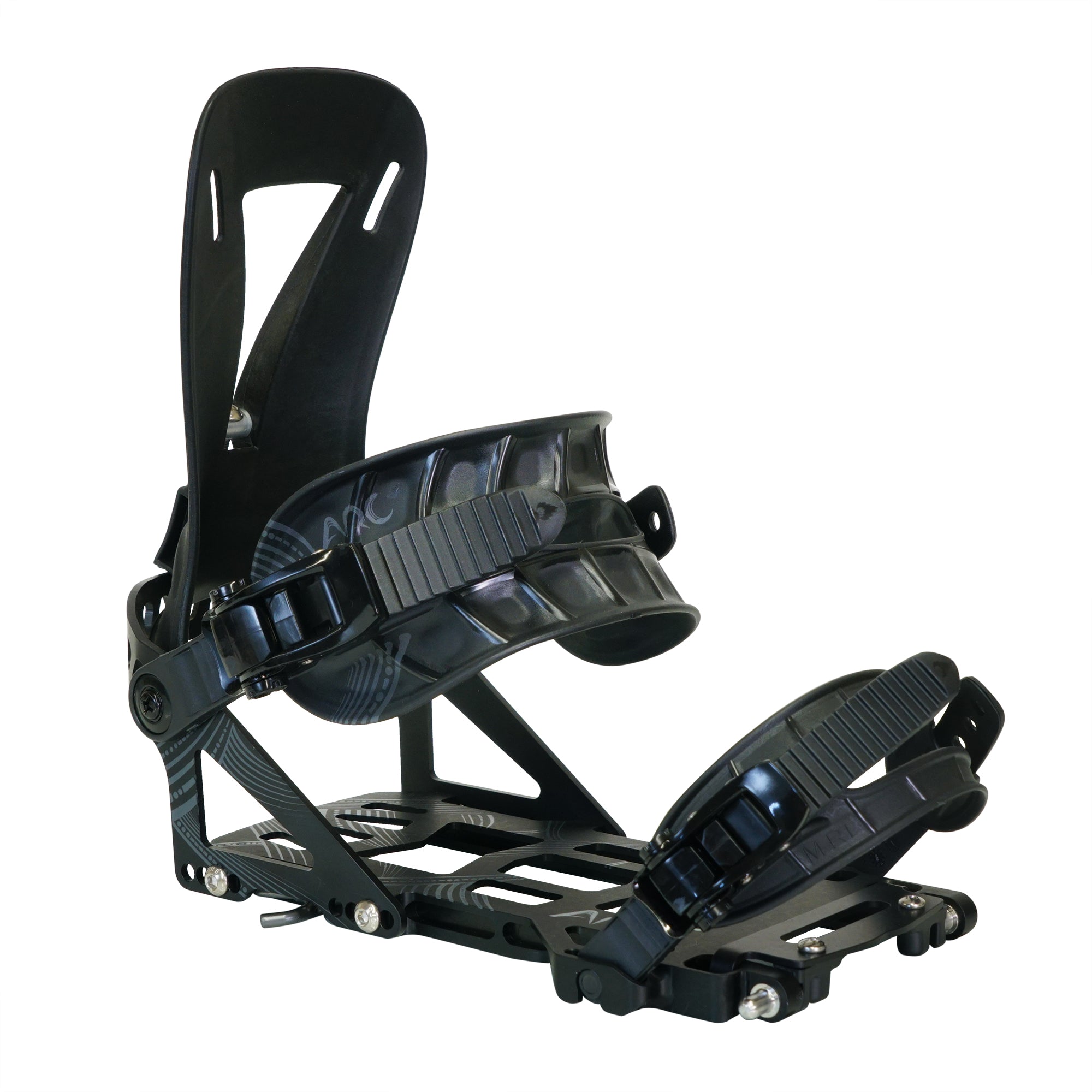 Spark R&D Arc ST splitboard bindings in black, front view, designed for snowboarding with durable construction and adjustable straps.
