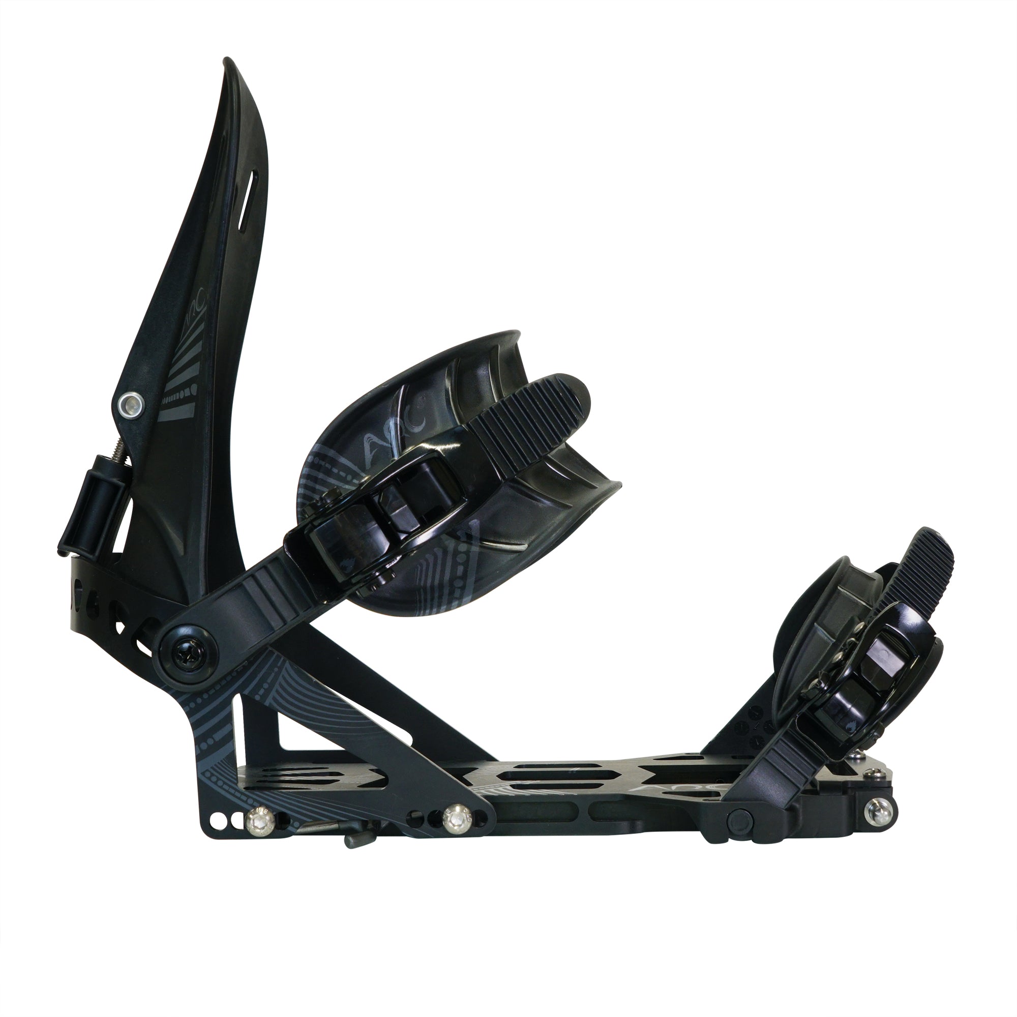 Spark R&D Arc ST splitboard bindings in black, showing the side profile with straps and mounting hardware for snowboarding.
