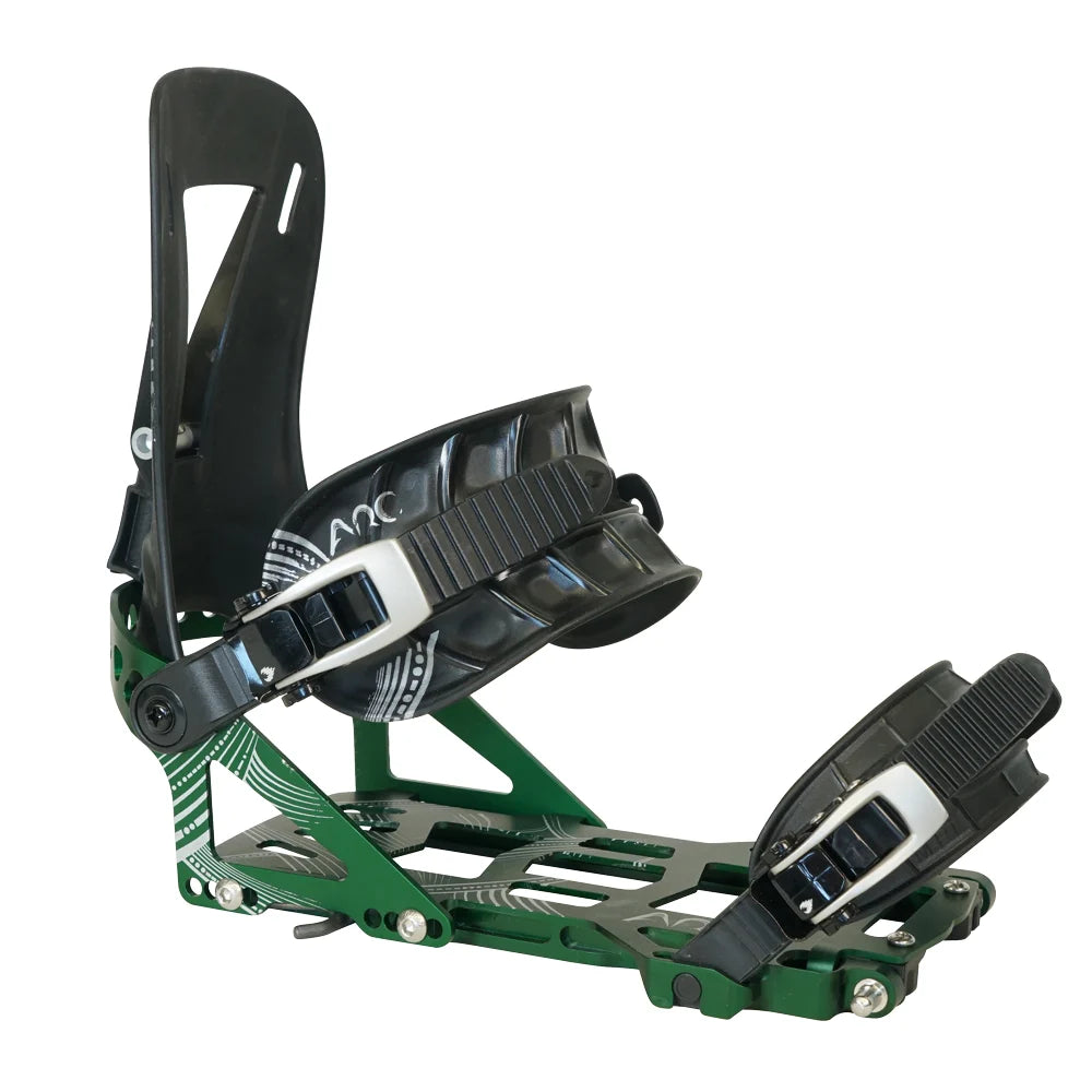 Spark R&D Arc ST splitboard bindings in green, front view showing adjustable straps and durable construction for snowboarding.