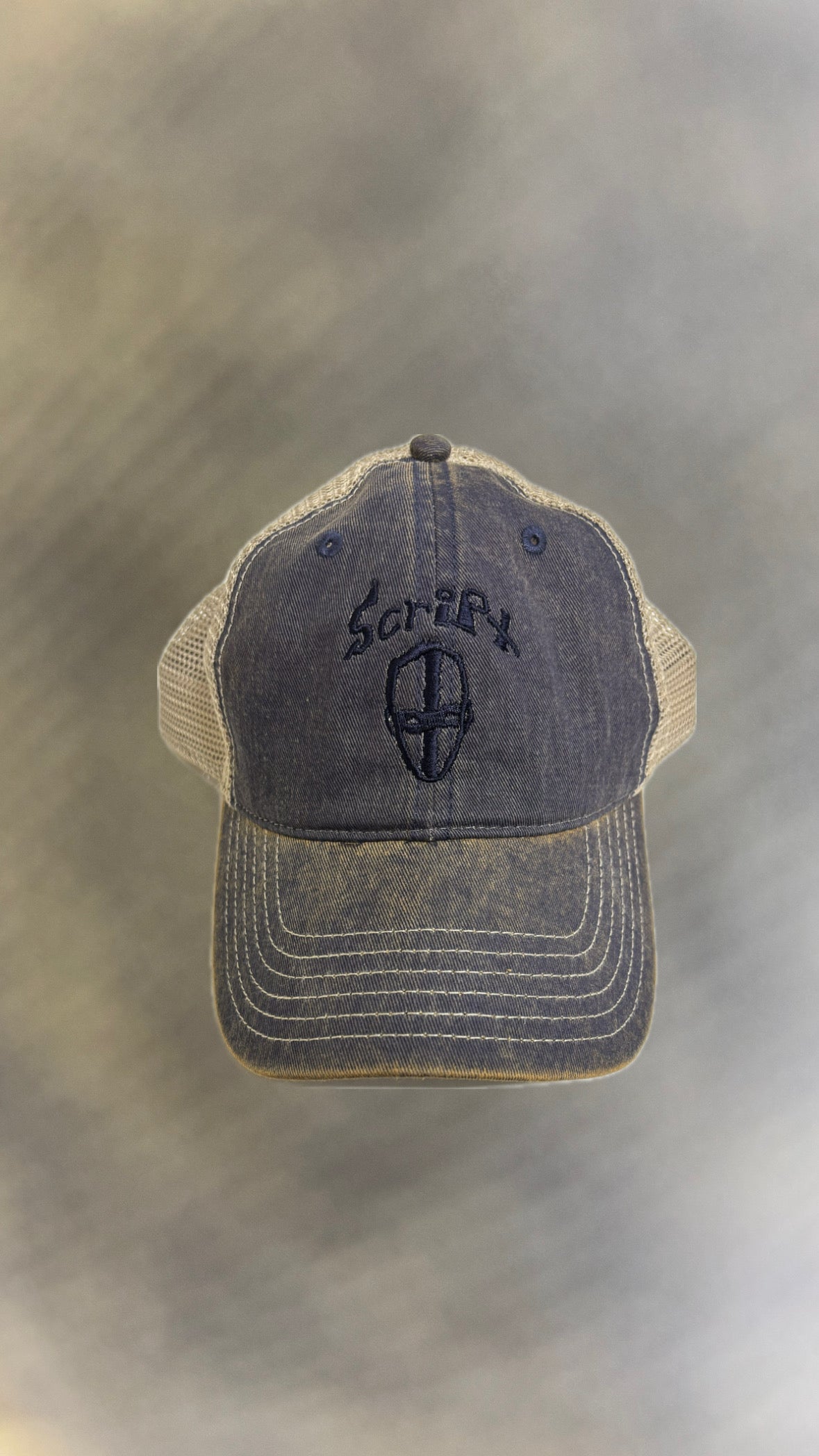 Script Distressed Mesh Embroidered Hat in Blue - M I L O S P O R T