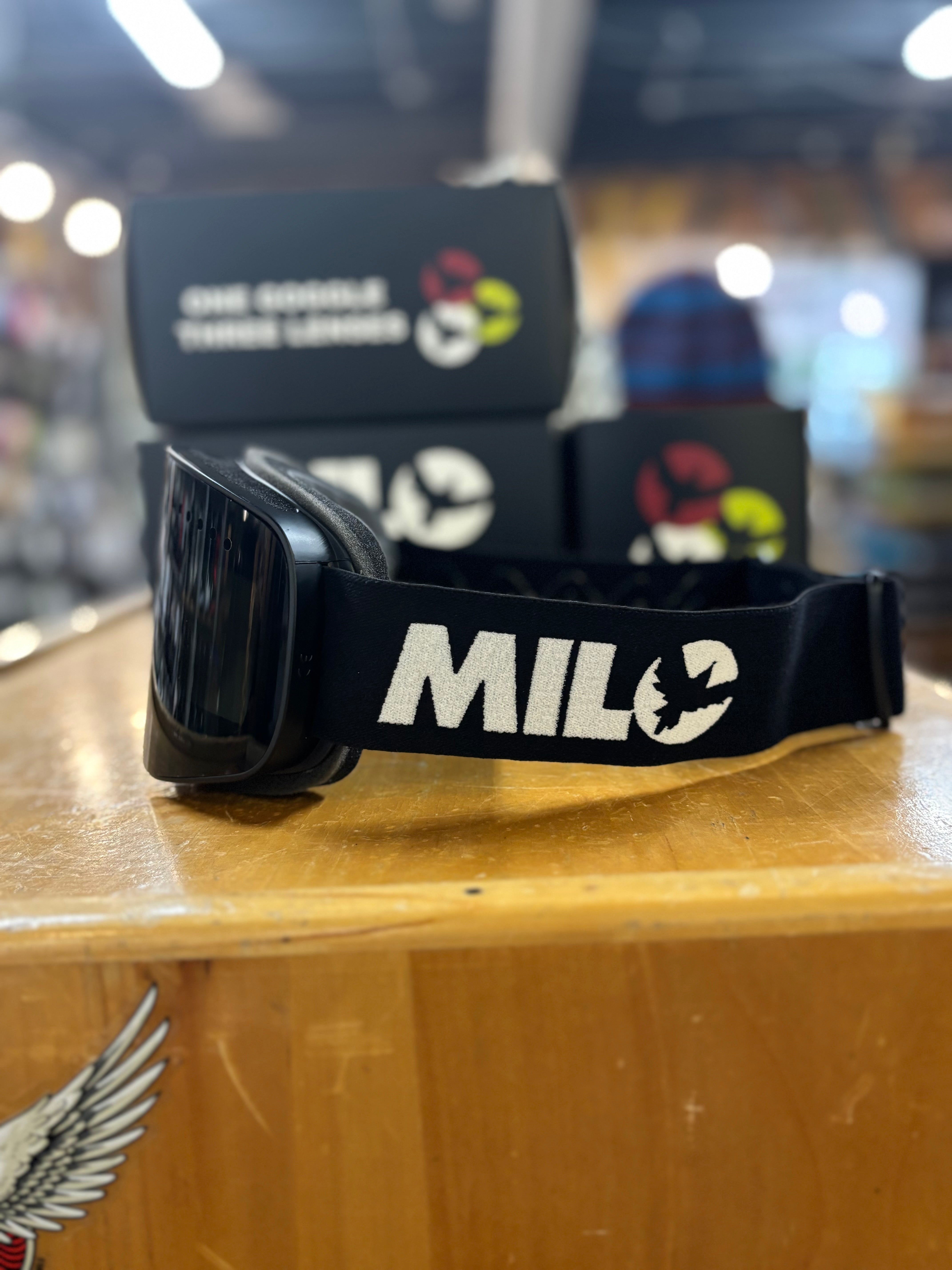 Milosport Varsity Goggle in a Black Frame with a Yellow Replacement Lens and a Clear Replacement Lens