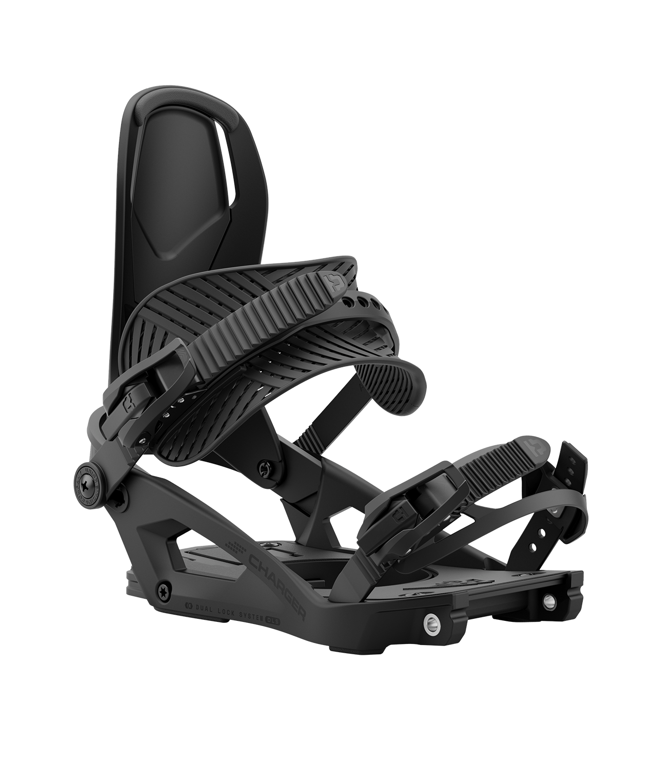 Union Charger snowboard bindings for snowboarding, black color, with adjustable straps and high-back support.