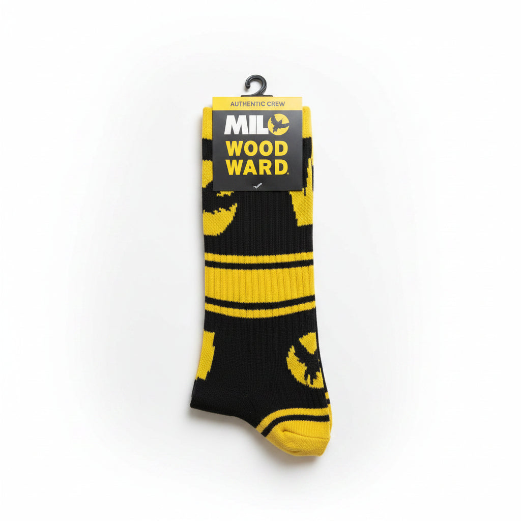 Milosport men's Woodward Authentic Crew Sock featuring colorful patterns and ribbed cuffs for comfort and style.