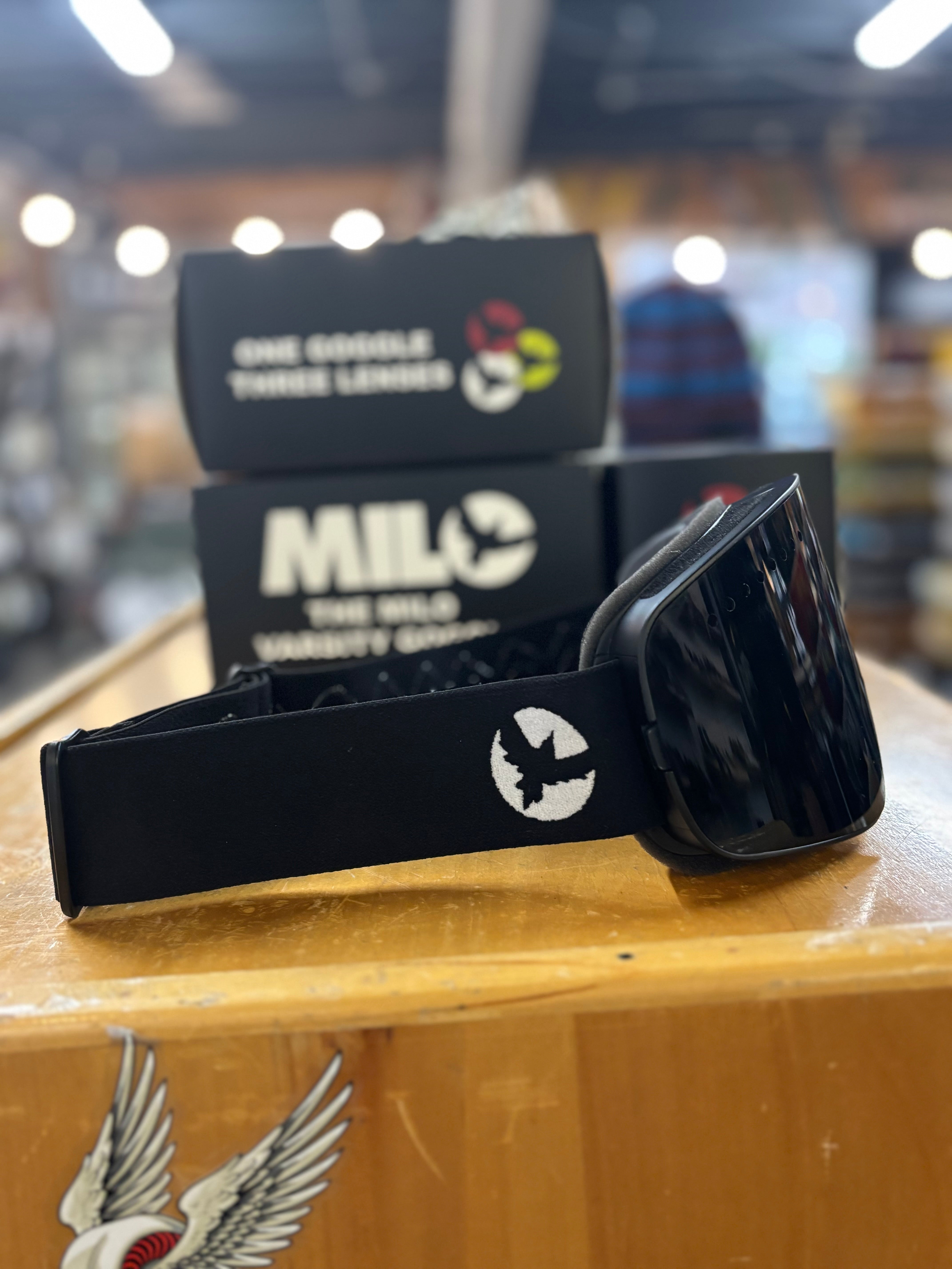 Milosport Varsity Goggle in a Black Frame with a Yellow Replacement Lens and a Clear Replacement Lens