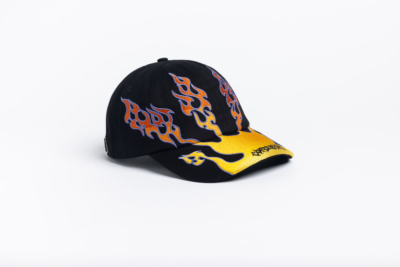 Mens Corduroy Flames Strapback hat with bold flame design and adjustable strap, featuring the Corduroy brand logo.