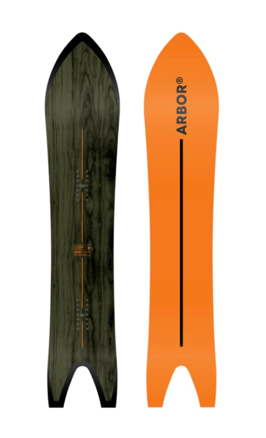 Arbor A-Frame snowboard 2027, showing a sleek, modern snowboard with the Arbor logo and design details on snow.