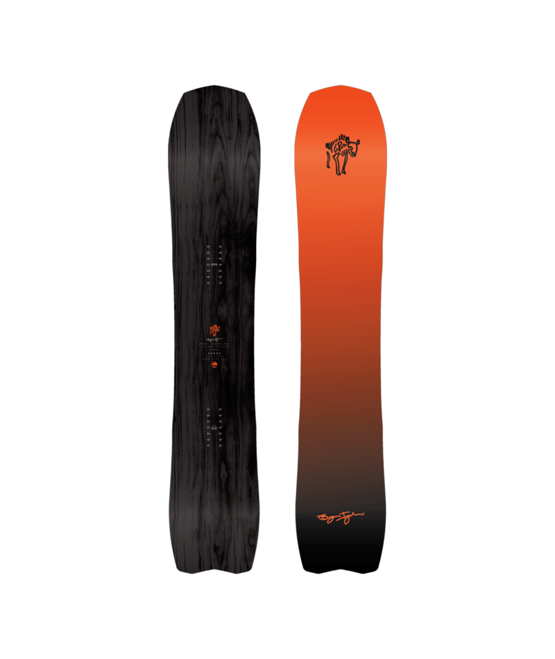 Arbor Bryan Iguchi Pro snowboard 2027 in black and white with snowboard bindings, showcasing its design and graphics.