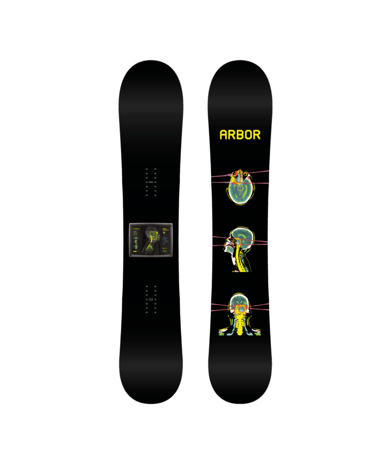 Arbor El Camino snowboard 2027 lying on snow, showcasing its design and graphics for winter snowboarding.