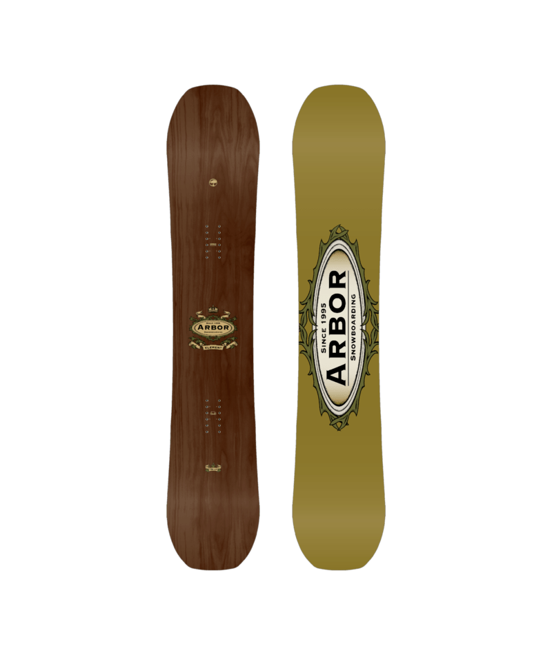 Arbor Element Snowboard 2027 with a sleek design, showcasing the snowboard's top surface and graphic details.
