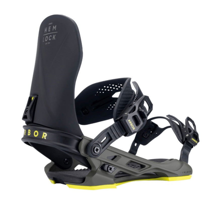 Arbor Hemlock snowboard bindings, showing adjustable straps and high-back support for snowboarding in winter conditions.