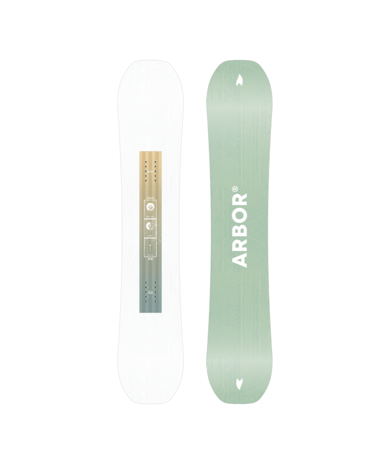 Arbor Kuro Neko Decon Snowboard 2027 in snow with black and white graphic design, showing the snowboard's top view with bindings attached.