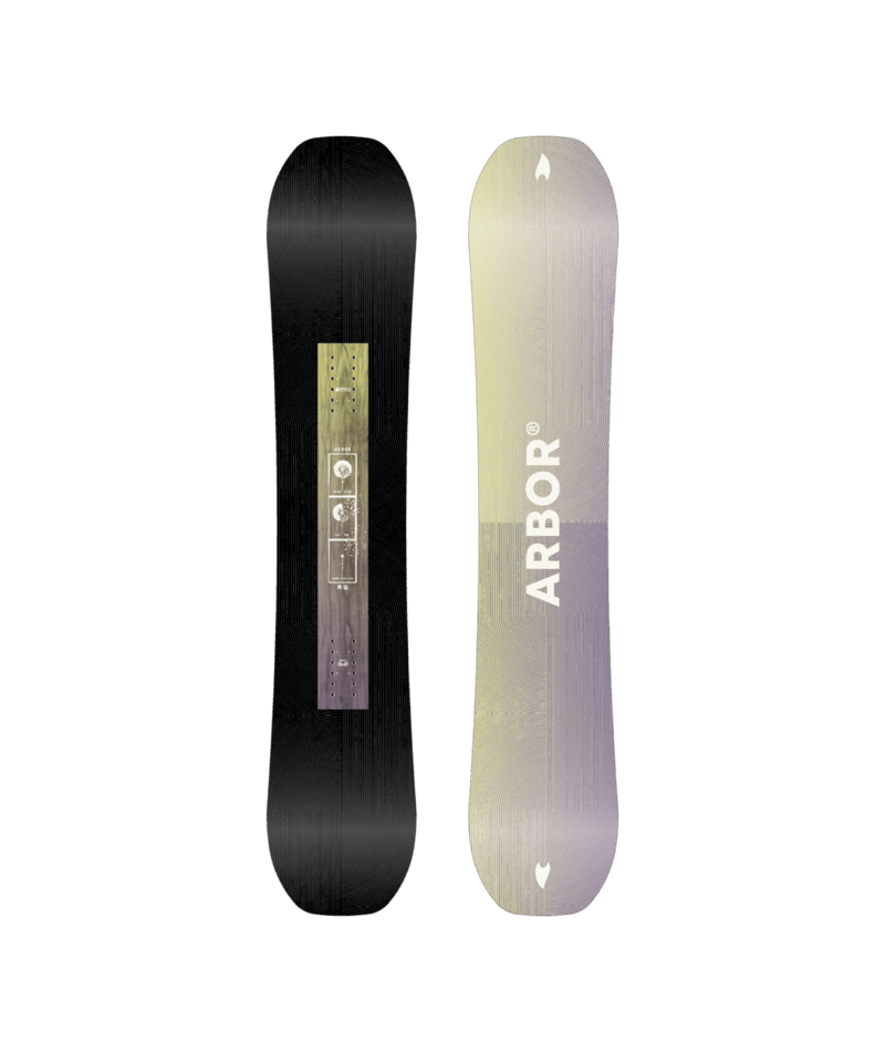 Arbor Kuro Neko snowboard 2027 with black and white graphic, showcasing the snowy mountain landscape design and brand logo milosport.