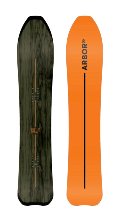 Arbor Madre Snowboard 2027 in snow, showcasing its design and graphics on a winter landscape.